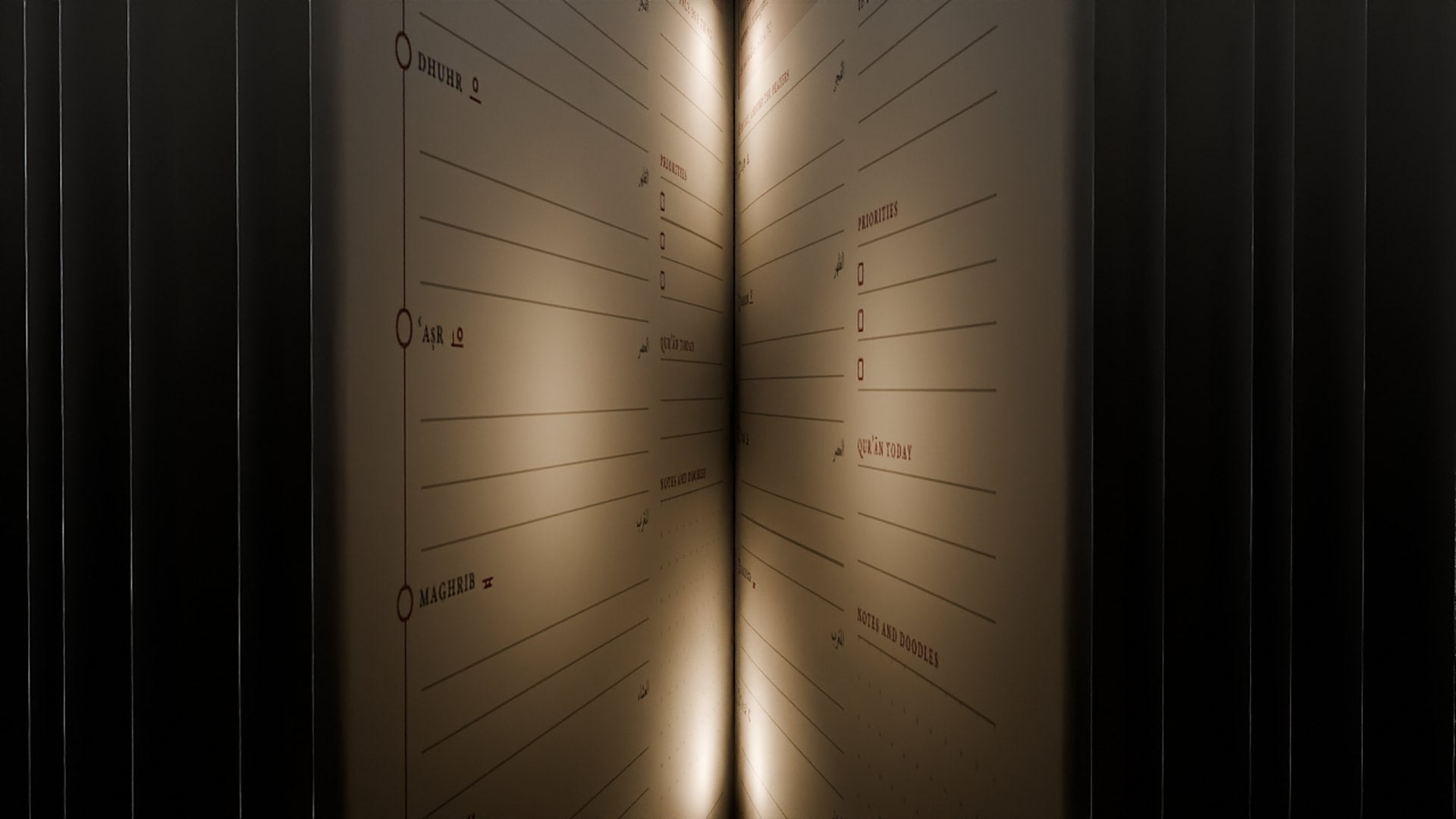 Warm light between the pages of a journal